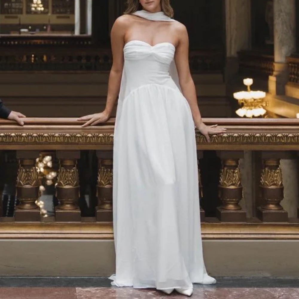 Elegant white Strapless Dress with neck scarf - bride rehearsal dinner shower